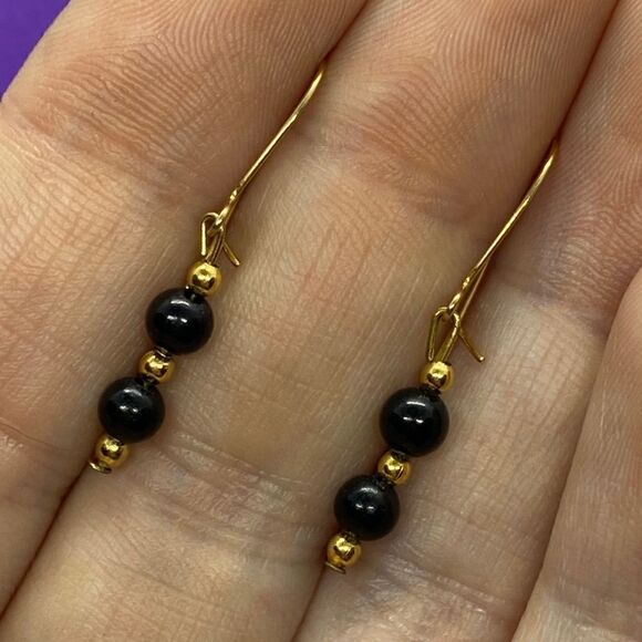 💛 Gold Filled Handmade Black Bead & Gold Ball Earrings - Picture 2 of 5